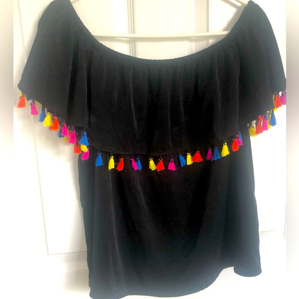 INC International Concepts Black Ruffled Blouse with Colorful Tassels